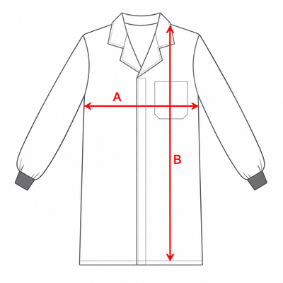 Esquema orientativo de medidas de la bata de laboratorio: ancho (A) y largo (B)