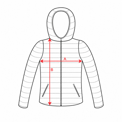 Esquema orientativo de medidas de la sudadera con capucha: ancho (A) y largo (B)