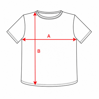 Esquema orientativo de medidas de la camiseta: ancho de pecho (A) y largo (B)